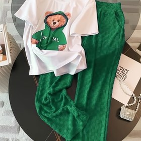 Resim Rahat Baskılı Ayı T-shirt Yeşil Uzun Pantolon 