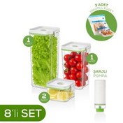 Resim 8'li Vakumlu Saklama Kabı Seti | 1x(2 Lt-1,3 Lt) 2x(0,5 Lt) Kap + Şarjlı Pompa + 3x Vakumlu Poşet Vienev