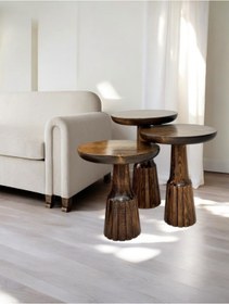 Resim AYLESA Doğal Ahşap 3’lü Set Mantar Yan Sehpa Modern Ceviz Renk Fiskos Zigon Çiçeklik 