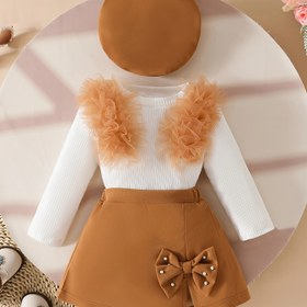 Resim Boncuklu Fiyonk Detaylı Fileli Uzun Kollu Üst ve Yırtmaç Etek + Beret Takımı, Şık Küçük Kız Kıyafeti - Sonbahar/Kış Dış Mekan Aktiviteleri, Günlük Kullanım ve Partiler İçin Mükemmel 