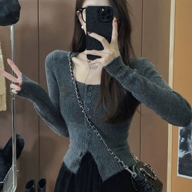 Resim Kadın Şık Kare Yaka Düğmeli Hırka - Şık Uzun Kollu Blazer Tarzı Ceket, Düz Renk İlkbahar/Sonbahar Katmanlı Giyim, Günlük ve Resmi Kombinler için, İlkbahar Dış Giyim, Sofistike Stil, Ofis Giyimi, kadın kazak, uzun hırka, kadın hırka, kadın ceket, hırka modelleri kadın, kadın kışlık giysiler 