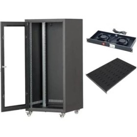 Resim Setrack 16U 600X800 Camlı Tekerlekli Rack Kabinet+Sabit Raf+2li Fan Modülü 