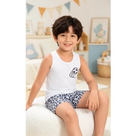 Resim NiCe İç Giyim Futbol Temalı Erkek Çocuk Beyaz & Mavi Atlet & Şort Yumuşak Pamuklu Penye Trend Pijama Takım 