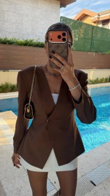 Resim Tek Düğmeli Yakasız Vatkalı Blazer Ceket Kahverengi - S 