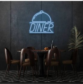 Resim Restoranlara Özel Diner Yazılı Ve Şekilli Neon Tabela Mavi 