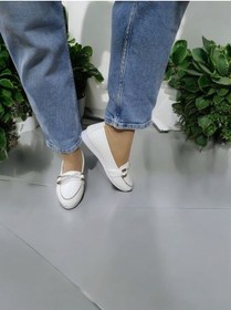 Resim Kadın Günlük Ve Ofis İçi Çapraz Taşlı Babet Ayakkabı Ekru 