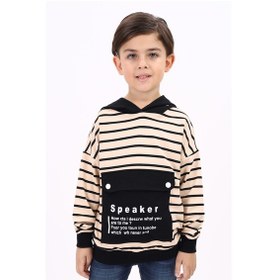 Resim Toontoy Kids Toontoy Erkek Çocuk Oversize Kapüşonlu Düşük Omuz Baskılı Çizgili Sweatshirt - Garnili & 2 İplik Bej 