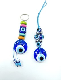 Resim Ennea Art Nazar Boncuğu Anahtarlık Zar + Araba Dikiz Ayna Süsü Beşli Göz Nazarlık Ikili Hediyelik Set 