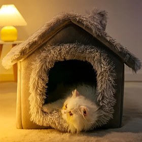 Resim Dört Mevsim Kullanılabilen Kedi Yatağı, Rahat Evcil Hayvan Yatağı, Çıkarılabilir Kaymaz Tabanlı Kedi Evi, Yarı Kapalı Evcil Hayvan Yatağı, Kedi Evi 