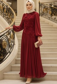 Resim N.S NEVA STYLE Dalga Desen Büzgülü Bordo Tesettür Abiye Elbise 5538BR 