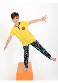 Resim Vitmo Erkek Çocuk Kısa Kollu Düğme Detaylı %100 Pamuklu Pijama Takımı Skate Sarı 