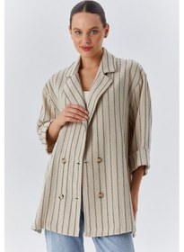 Resim Mixray 4550 Kadın Yanları Yırtmaçlı Keten Uzun Ceket Naturel Naturel 