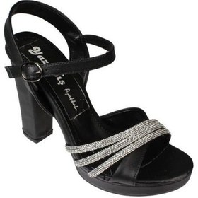 Resim Yazkış Kadın Siyah Gümüş Rugan 3bantlı Taşlı 10cm Kalın Topuk 2cm Platform Topuk Abiye Ayakkabı Siyah 