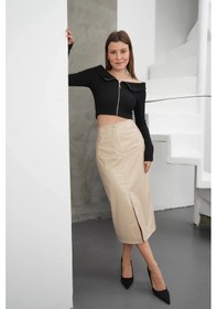 Resim Biçomi Yırtmaçlı Uzun Deri Etek Bej Bej 