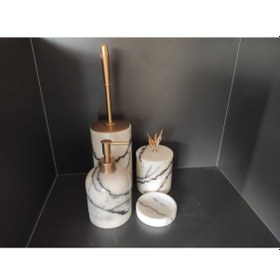 Resim Leylak Mermer Sıvı Sabunluk, Pamukluk, Wc Fırçalığı, Katı Sabunluk- Roz Gold Beyaz 