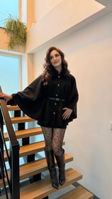 Resim Önden Düğmeli Kürk Yaka Panço Siyah 