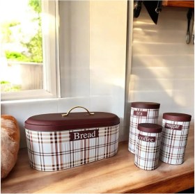 Resim Ucr Home Yeni Ekose Desen Premium Metal Ekmeklik ve 3'lü Kavanoz Seti 