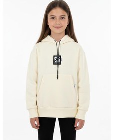 Resim Kapüşonlu Art Baskılı Kanguru Cepli Kız Çocuk Sweatshirt-90849 Krem 
