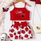 Resim Sevimli Yaz Uğur Böceği Baskılı Kız Çocuk Kıyafet Seti - Rahat Polyester Cami Üst & Fiyonklu Şort, Makinede Yıkanabilir, Dış Mekanlar İçin Mükemmel 