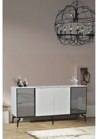 Resim Viva Camlı Konsol Beyaz Aynalı 4 Kapaklı Raflı 160x80x43,5 Cm 