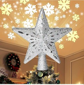 Resim Led Dönen Kar Tanesi Projektör Işıklı Işıklı Noel Ağacı Tepe Süsleri, 2'si 1 Arada Altın Simli 5 Nokta 9,8 İnç Yıldızlı Ağaç Tepesi Kar Yağışı Led Işık 