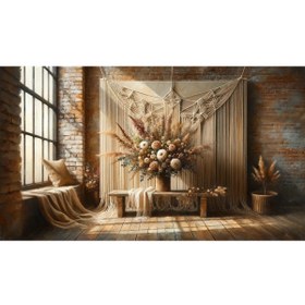Resim Venspor Bohem Tarzı Makrome ve Rustik Çiçek Aranjmanı Arkaplan, 200x150cm, Fon, Duvar Örtüsü 