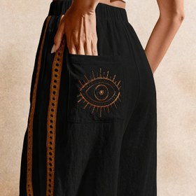 Resim Kadınlar İçin Şık Siyah Geniş Paça Pantolon - Esnek Bel, Günlük ve Özel Günler İçin Formal & Casual Pantolon, Makinede Yıkanabilir, Yaz Modası, Nakışlı Tasarım, Rahat Kesim, Ofis Giyimi 