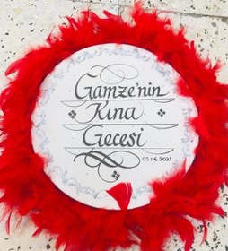 Resim Kinagecesimalzeme Isim Yazılı Gelin Tefi, Tüylü, Zilli Deri Def Kına Gecesi, Kırmı 