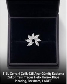 Resim 316L Cerrahi Çelik Gümüş Kaplama Tragus Helix Küpe Piercing Kararmaz Alerji Yapmaz Zirkon Taşlı Küpe Bar 8 mm Unisex Tekli Kadın Erkek Uyumlu Cartilage Kıkırdak Piercing 