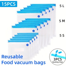 Resim 5/15 Adet Vakum Mühürleme Torbaları, Yeniden Kullanılabilir Çok Boyutlu Poşetler, Sous Vide ve Yemek Hazırlama için, BPA İçermeyen Gıda Sınıfı Malzeme, Dayanıklı Elde Taşınabilir Saklama, Sızdırmaz Fermuarlı, Değiştirilebilir Hava Valfi, Kolay Koruma, Mutfak Organizasyonu Temelleri, vakumlu makinelere uygun 