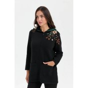Resim Desen Triko Papatya Çiçek İşlemeli Kapşonlu Kadın Hırka 24080D (24080D) 