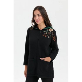 Resim Desen Triko Papatya Çiçek İşlemeli Kapşonlu Kadın Hırka 24080D (24080D) 