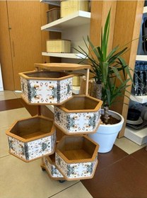 Resim Ahşap Altıgen Sebzelik 5 Katlı Yana Açılır Patates Soğan Tekerlekli Sebzelik Deniz Beyaz 