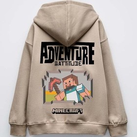 Resim Erkek Çocuk Mınecraft Modelli Kol Manşetli Pamuk Kapşonlu Sweat Bej 