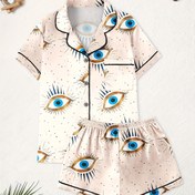 Resim Büyük Göz Deseni ile Kadınların Zarif Pijama Takımı - Yumuşak Pembe Kısa Kollu Üst ve Şort, Düğme Desenli, Rahat Ev Giyimi, Tüm Mevsimler İçin Uygun Uyku Giyimi, Rahat Uyku Giyimi | Eğlenceli Tasarım | Yumuşak Kumaş 