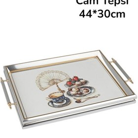 Resim Gümüş Çerçeveli Çay Ve Tatlı Temalı Lüks Dikdörtgen Cam Tepsi - 44x30 Cm Diğer 