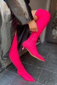 Resim SHOEBELLAS Belenda Fuşya Mat Streç Diz Üstü Kadın Topuklu Çizme 