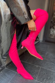 Resim SHOEBELLAS Belenda Fuşya Mat Streç Diz Üstü Kadın Topuklu Çizme 