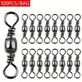 Resim 100 adet/paket Balıkçılık Varil Dönerleri Katı Halka Varil Balıkçılık Döneri Yuvarlanan Hat Bağlantısı Siyah Nikel Tuzlu Su Balıkçılık Takımı 