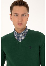 Resim U.S. Polo Assn. Erkek Slim Fit V Yaka Koyu Yeşil Basic Triko Kazak 50313662-VR079 