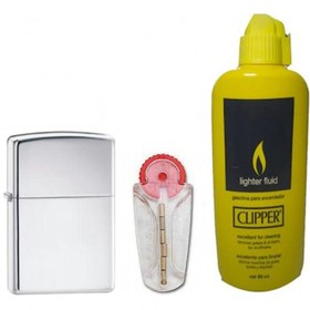 Resim İNDİRİM CENTER Zippo Metalik Gümüş Gri Benzinli Çakmak Clipper Benzin 80 ml Zippo Taşı Süper Set 