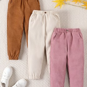 Resim 3'lü Kız Çocukları Kadife Günlük Pantolon Seti - Kahverengi, Bej ve Pembe Renklerde Rahat & Esnek Spor Pantolonları, Elastik Bel Bantlı - Makinede Yıkanabilir, Şeffaf Olmayan Polyester, Dış Mekan için Mükemmel 
