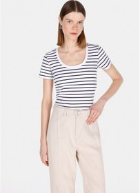 Resim Colin's Colins Slim Fit Kare Yaka Çizgili Kadın Beyaz Kısa Kol Tişört Cl1073529 Q1.v1 Wht 