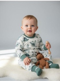 Resim Zekids Erkek Bebek Pamuklu Dinazor Desenli Pijama Takımı-16268 Yeşil 