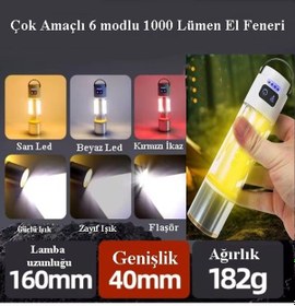 Resim Gp-222 Zoomlu 1000lm Şarjlı Çok Fonksiyonlu El Feneri - Beyaz-kırmızı-sarı Ledli 6 Mod Kamp Lambası Çok Renkli 