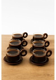 Resim Qerhome Borosilikat Cam Akasya Saplı Çizgili Tasarmlı Ve Akasya Tabaklı Çay Kahve Fincanı 6'lı 250 Ml Şeffaf 