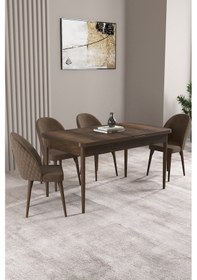 Resim Milas Barok Desen 80x132 Mdf Açılabilir Yemek Masası Takımı 4 Adet Sandalye Kahverengi 