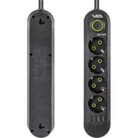 Resim Vea VA-21559 4'lü 1.5 mt Kablolu 3 Usb'li Siyah Akım Korumalı Priz 