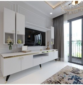 Resim Modern Tv Sehpası Gold Üçgen Kulp Kepli G9024-1 Beyaz 35 Cm Derin 