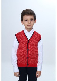 Resim Toontoy Kids Toontoy Erkek Çocuk V Yaka Düğmeli Triko Yelek - Diagonal Desenli Kırmızı 